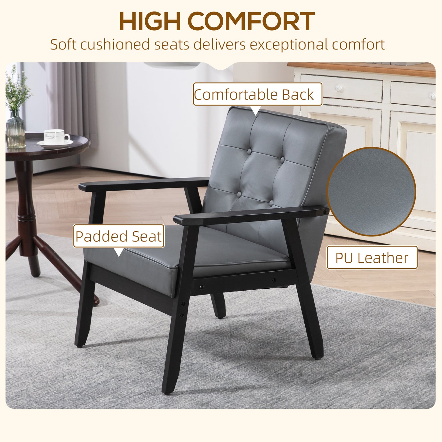 HOMCOM Accent Chair, PU Leather Armchair, Occasional Chair with Beech Wood Frame for Living Room Reception Bedroom Balcony, Grey and Black