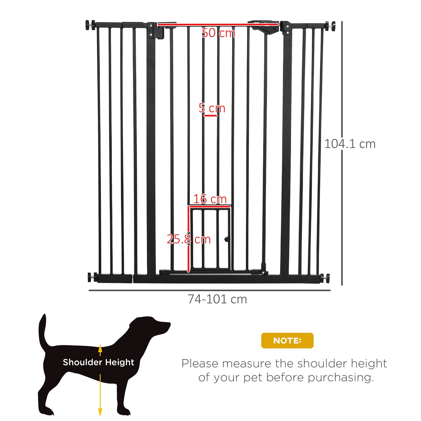 PawHut Extra Tall Pet Gate, Indoor Dog Safety Gate, with Cat Flap, Auto Close, 74-101cm Wide, Black