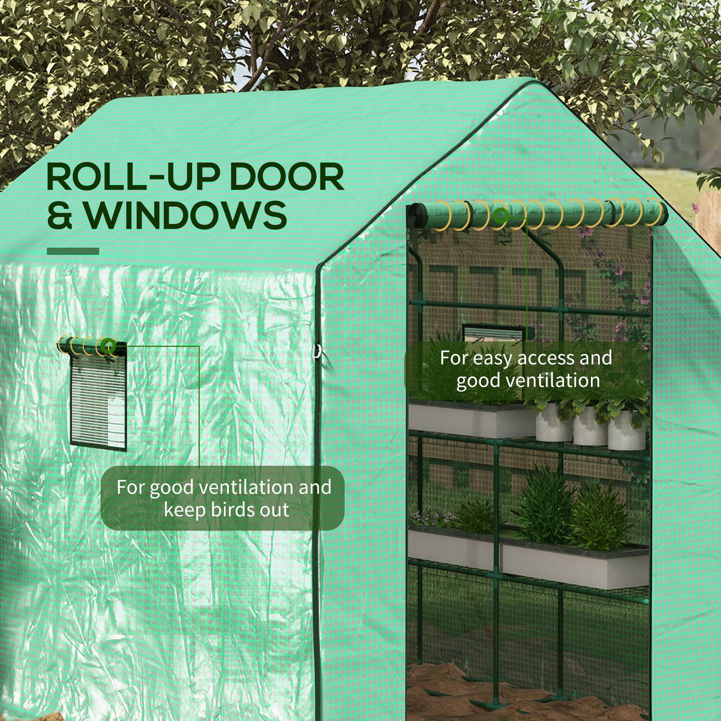 Outsunny Walkin Greenhouse with 3 Tier Shelves Outdoor Green House Garden Grow House with Reinforced PE Cover Rollup Door and Mesh Windows 140 x 213 x 190cm Green