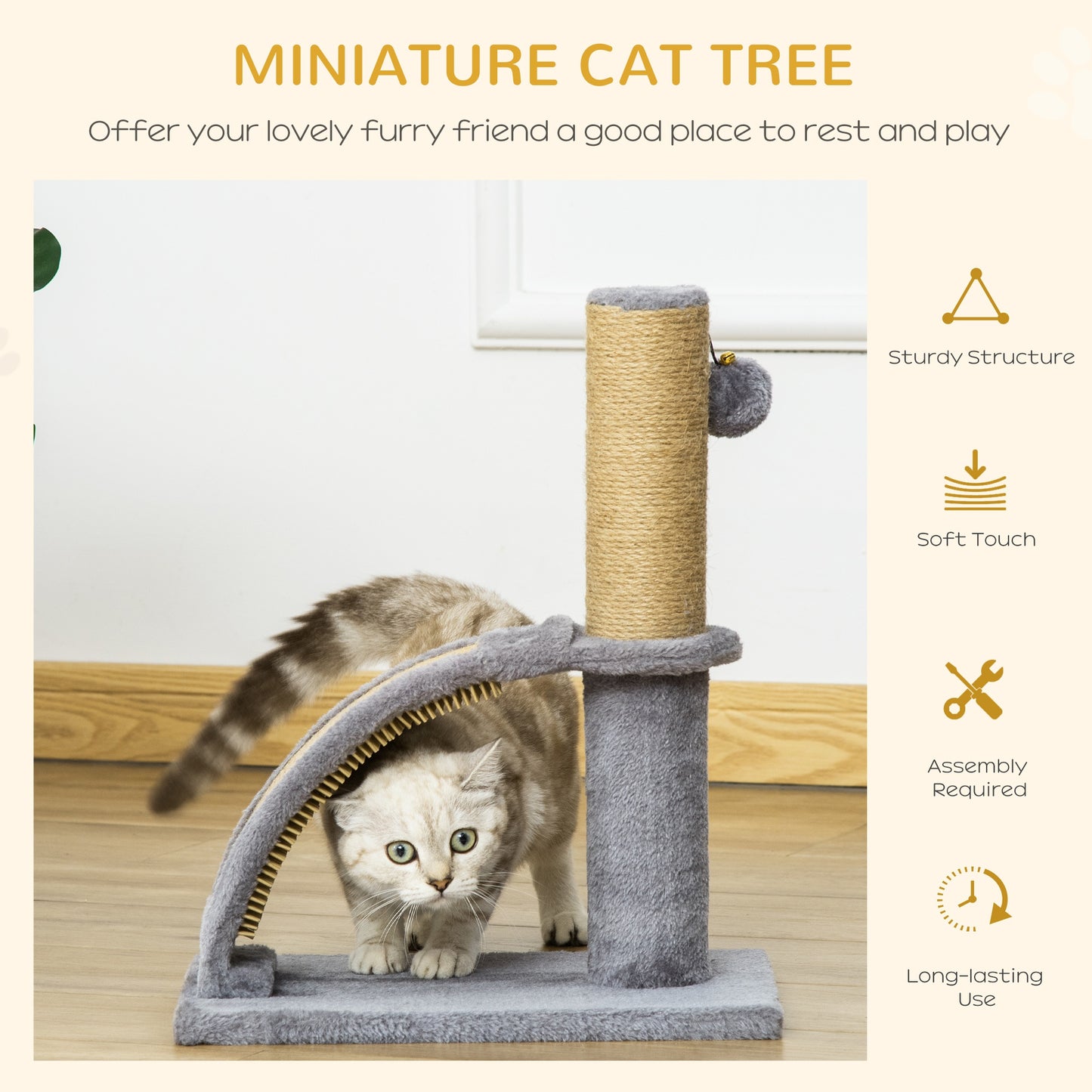 PawHut Cat Tree Tower Climbing Activity Center Kitten Furniture with Jute Post Scratching Massage Board Hanging Ball with Bell 34 x 24 x 43cm Grey