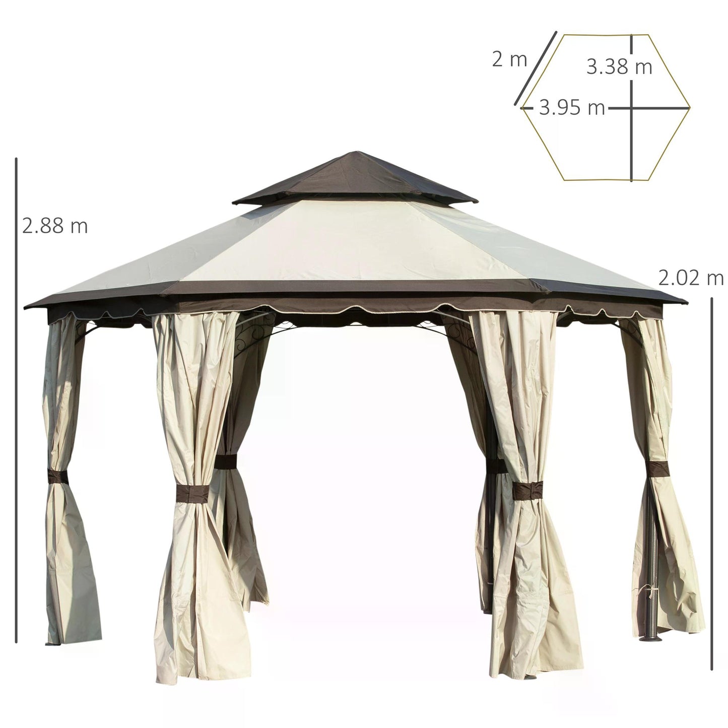 Outsunny 3.4m Steel Gazebo Pavillion for Outdoor with Curtains and 2 Tier Roof