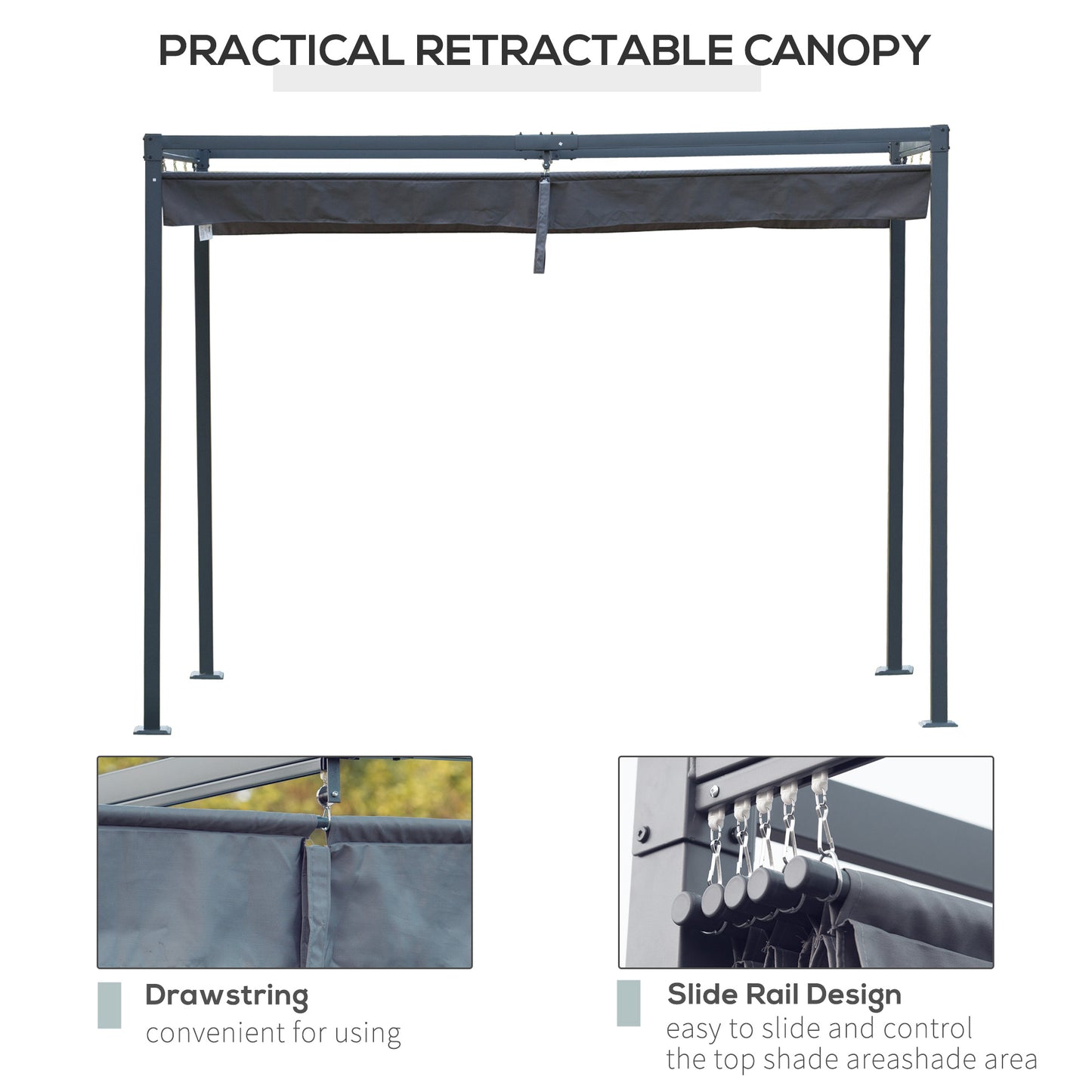 Outsunny 4 x 3(m) Metal Pergola Gazebo Patio Sun Shelter Grape Tent Retractable Canopy Grey