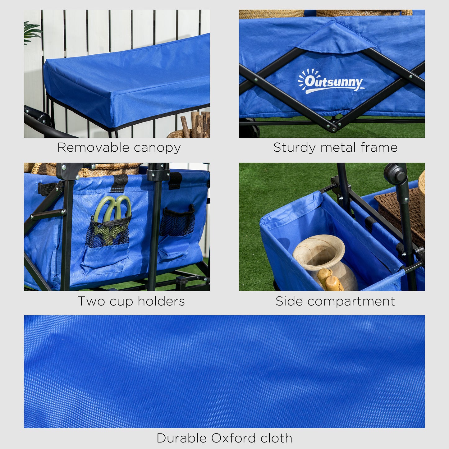 Outsunny Folding Trolley Cart Storage Wagon Beach Trailer 4 Wheels with Handle Overhead Canopy Cart Push Pull for Camping, Blue