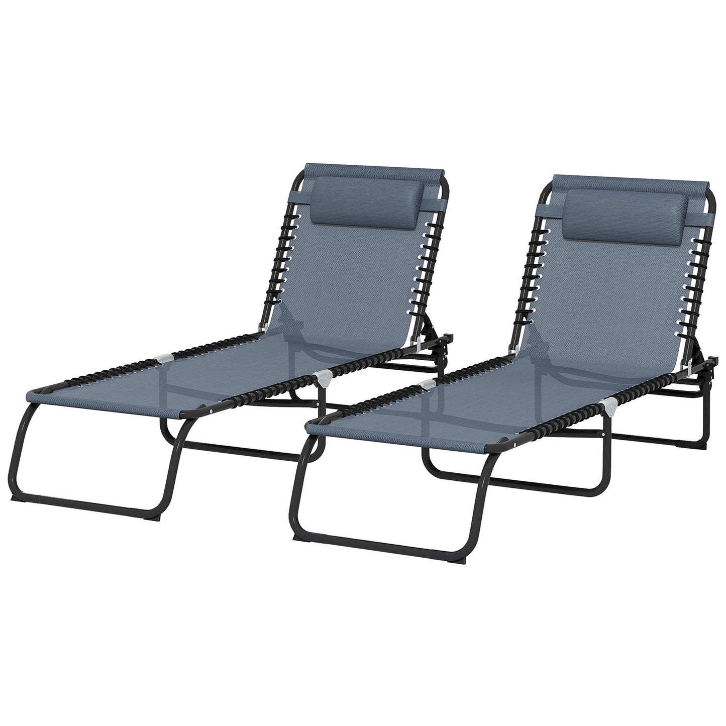 Outsunny 2 Pcs Folding Sun Lounger Beach Chaise Chair Garden Cot Camping Recliner with 4 Position Adjustable Grey