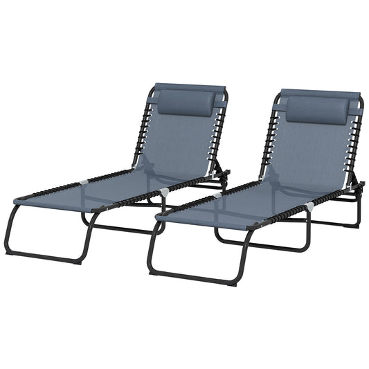 Outsunny 2 Pcs Folding Sun Lounger Beach Chaise Chair Garden Cot Camping Recliner with 4 Position Adjustable Grey