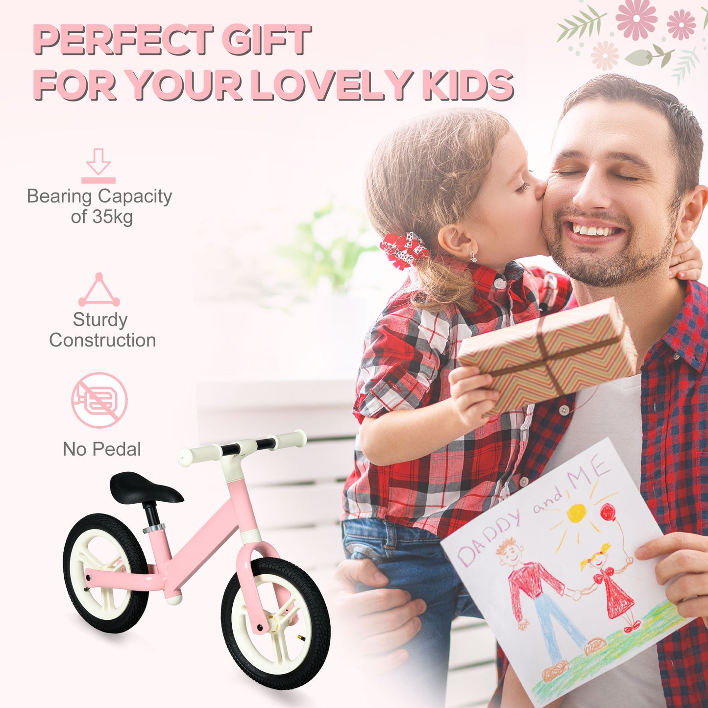 AIYAPLAY 12" Kids Balance Bike, No Pedal Training Bike for Children with Adjustable Seat, 360Â° Rotation Handlebars - Pink