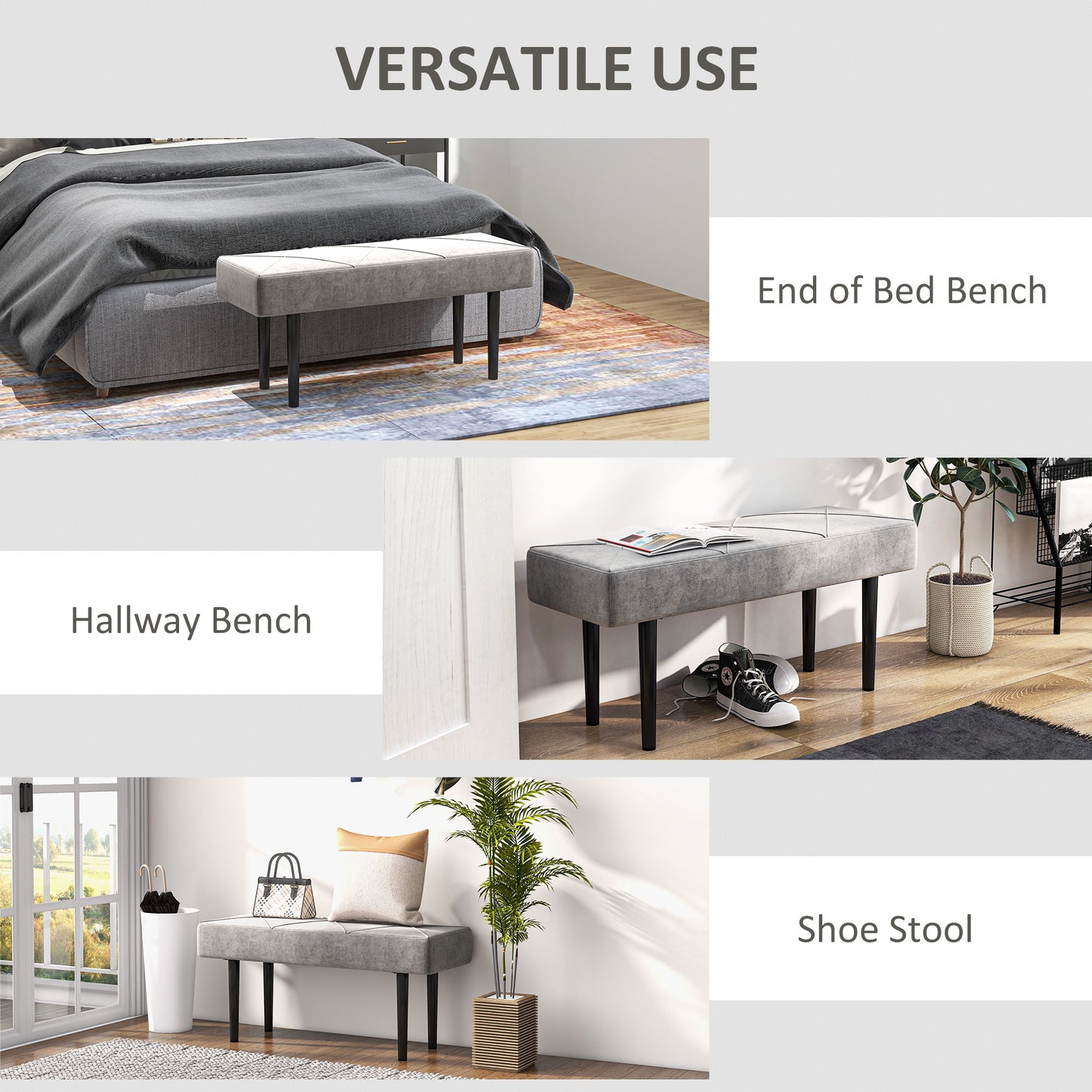 HOMCOM End of Bed Bench with X-Shape Design and Steel Legs, Upholstered Hallway Bench for Bedroom, Grey