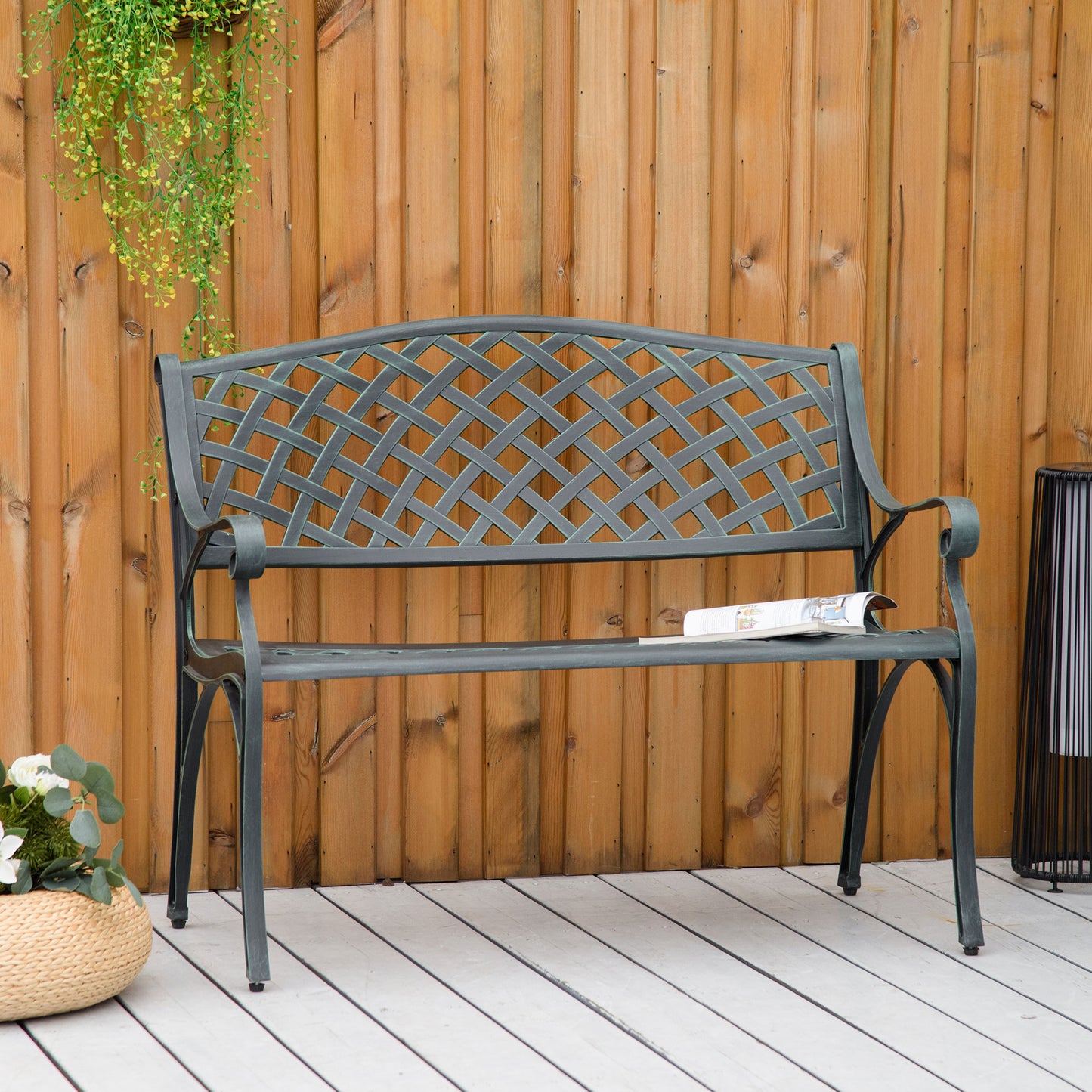 Outsunny Cast Aluminium Garden Bench 2 Seater Antique Loveseat for Outdoor Patio Porch Park, Verdigris