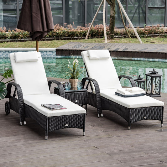 Outsunny 2 Seater Rattan Sun Lounger Set with Side Table Black