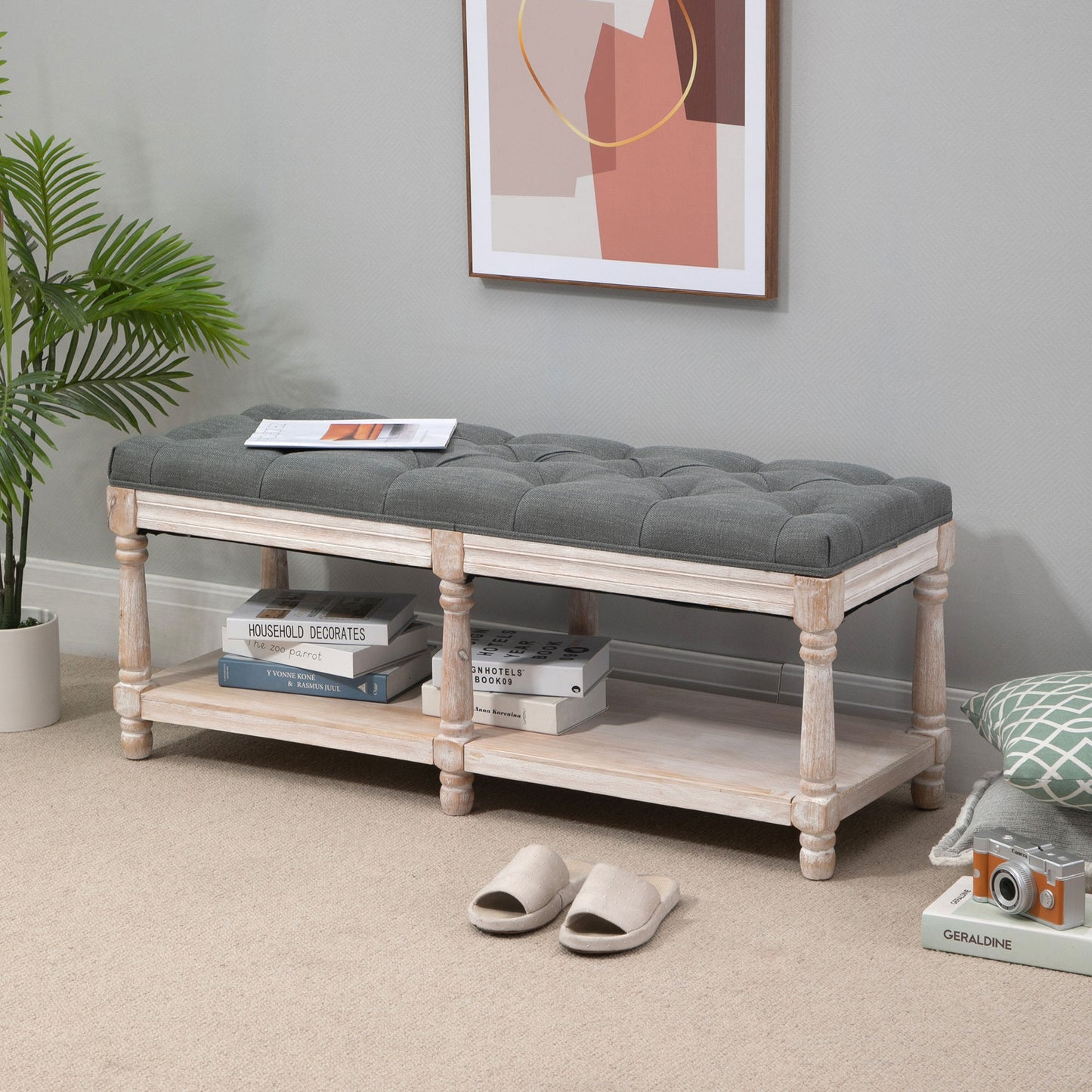 HOMCOM Shoe Rack Bench w/ Button Tufted Seat Cushion for Hallway Bedroom Grey