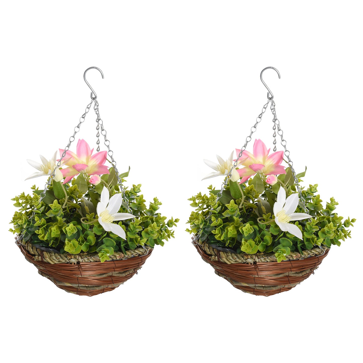 Outsunny Pack of 2 Artificial Clematis Flowers Hanging Planter Basket for Indoor Outdoor Decoration