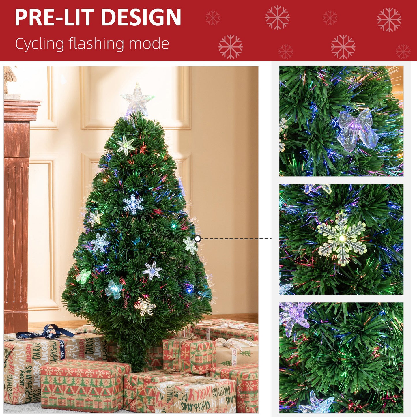 HOMCOM 4FT Prelit Artificial Christmas Tree Fiber Optic LED Light Holiday Decoration