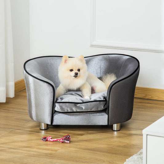 PawHut Pet Sofa Couch, Dog Bed, Cat Lounger, with Storage Pocket Removable Cushion Modern Furniture for Small Dogs, 69 x 49 x 38cm, Silver Grey