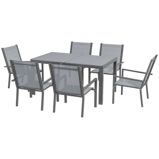 Outsunny 7 Pieces Garden Dining Set with Wood-plastic Composite Dining Table, Outdoor Table and 6 Stackable Armchairs with Breathable Mesh Fabric Seats and Backrest, Light Grey