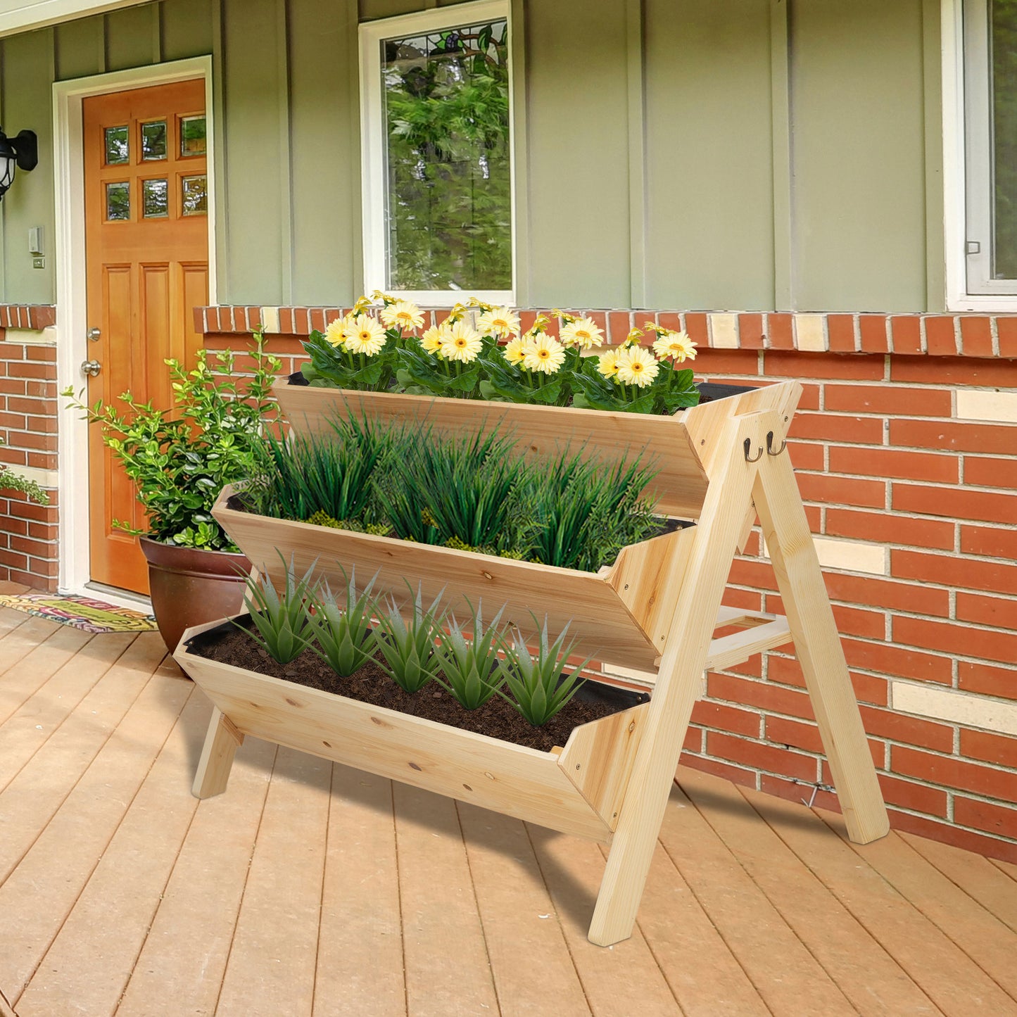 Outsunny 3 Tier Wooden Garden Plant Bed Flower Stand with Clapboard and Hooks