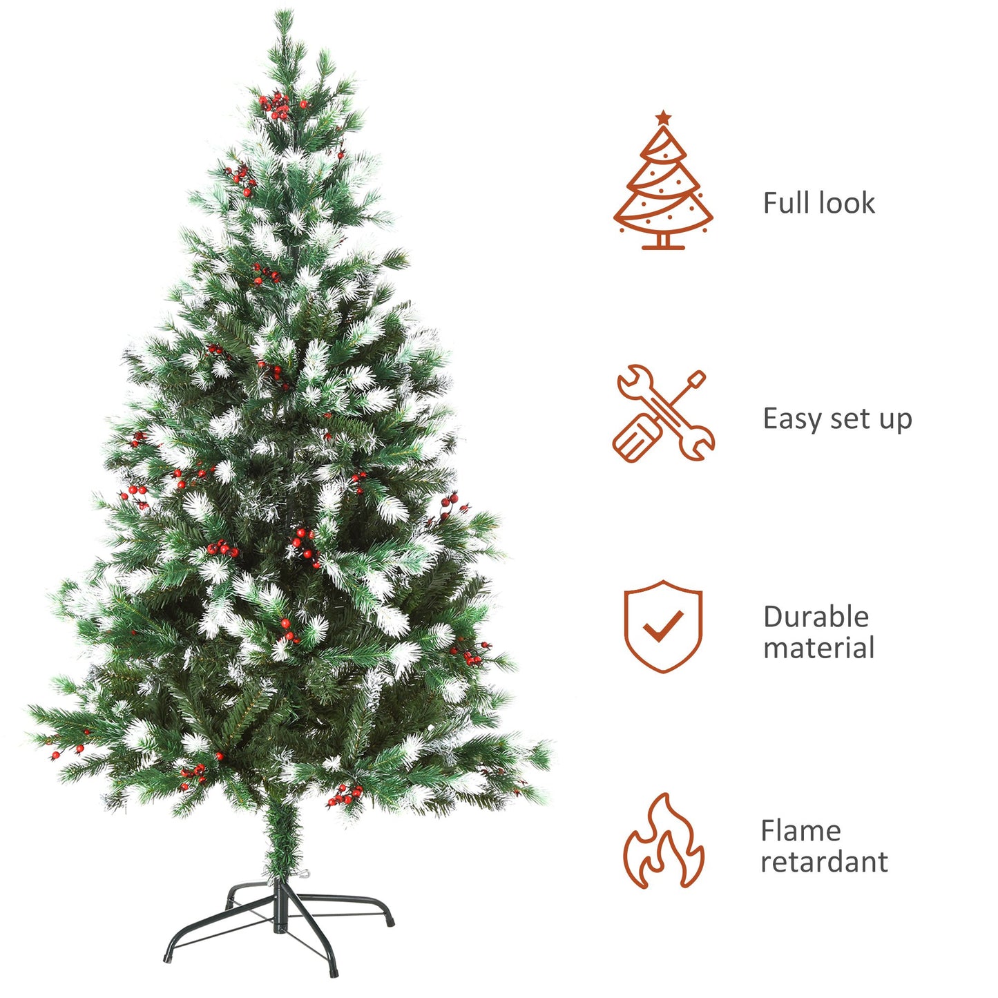 HOMCOM 1.5m Snowy Artificial Christmas Tree w/ Red Berries