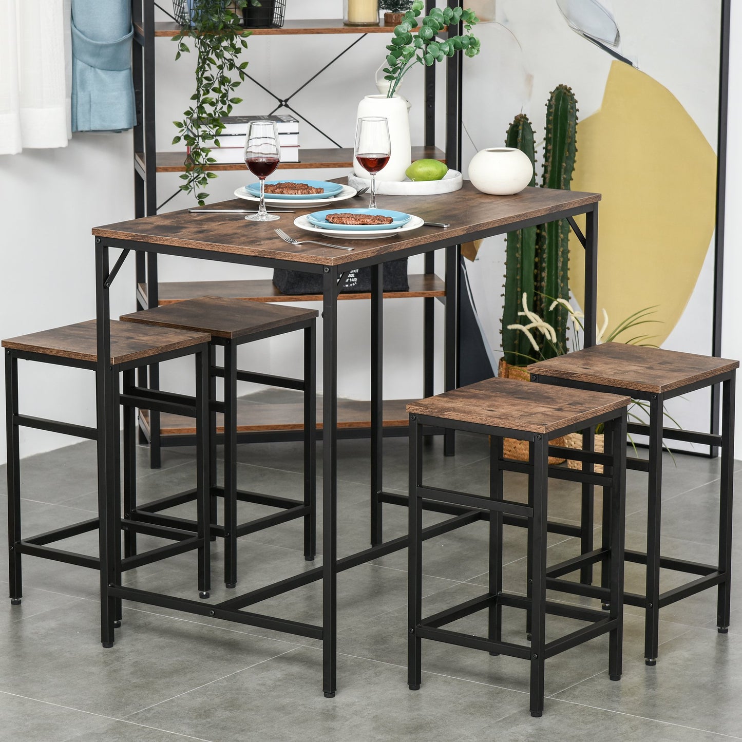 HOMCOM MDF Industrial 5-Piece Dining Set Dining Table with 4 Stools Black/Brown