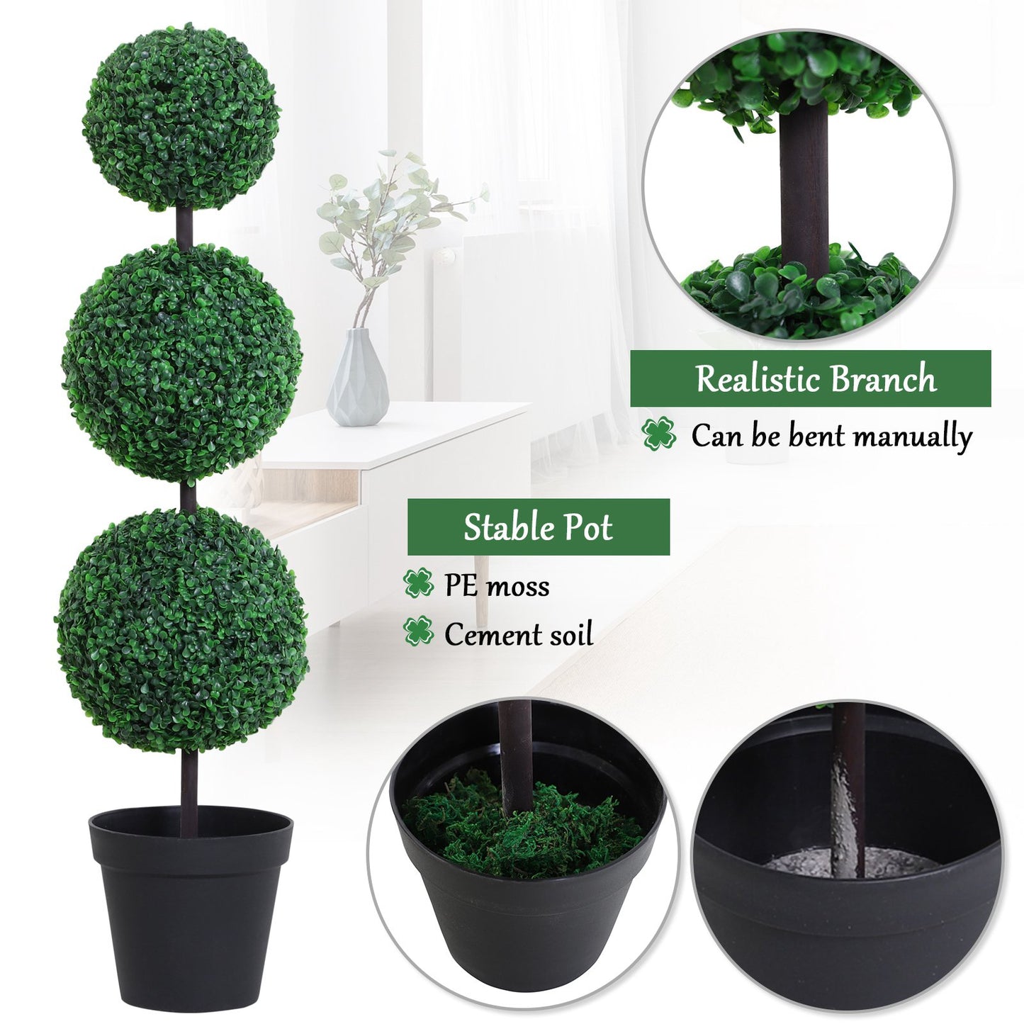 Outsunny PE Set of 2 Artificial Boxwood Three Balls Topiary Plant Tree's Green