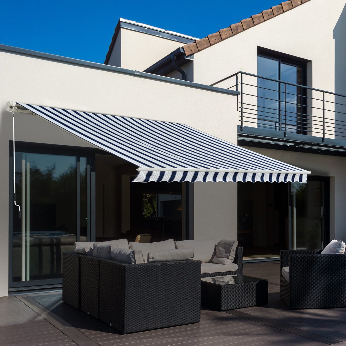 Outsunny Manual Retractable Awning, 3x2.5 m-Blue/White Stripes