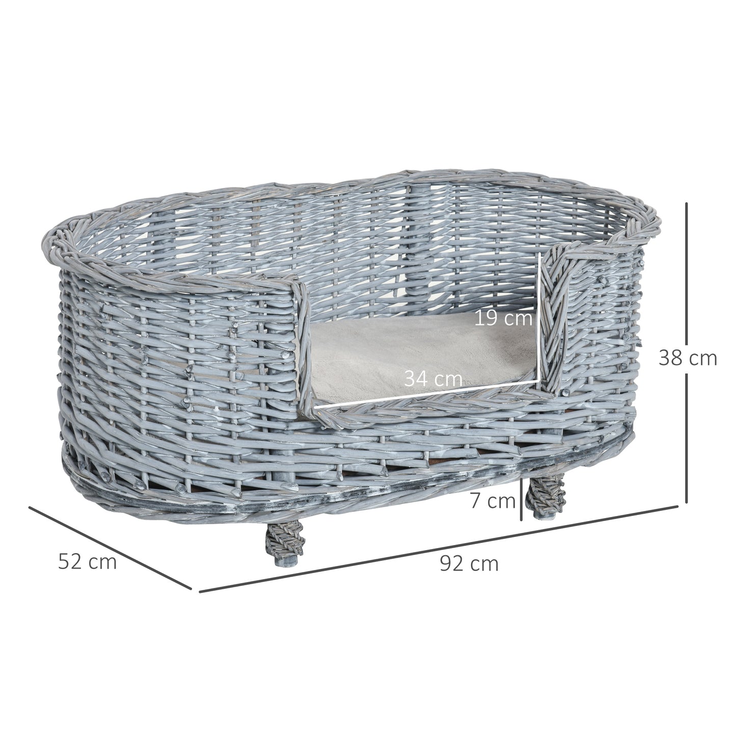 PawHut Wicker Dog Bed Basket Pet Sofa Cat Lounge Furniture with Elevated Base Soft Padded Cushion Grey 92cm X 52cm X 38cm Wiker w/