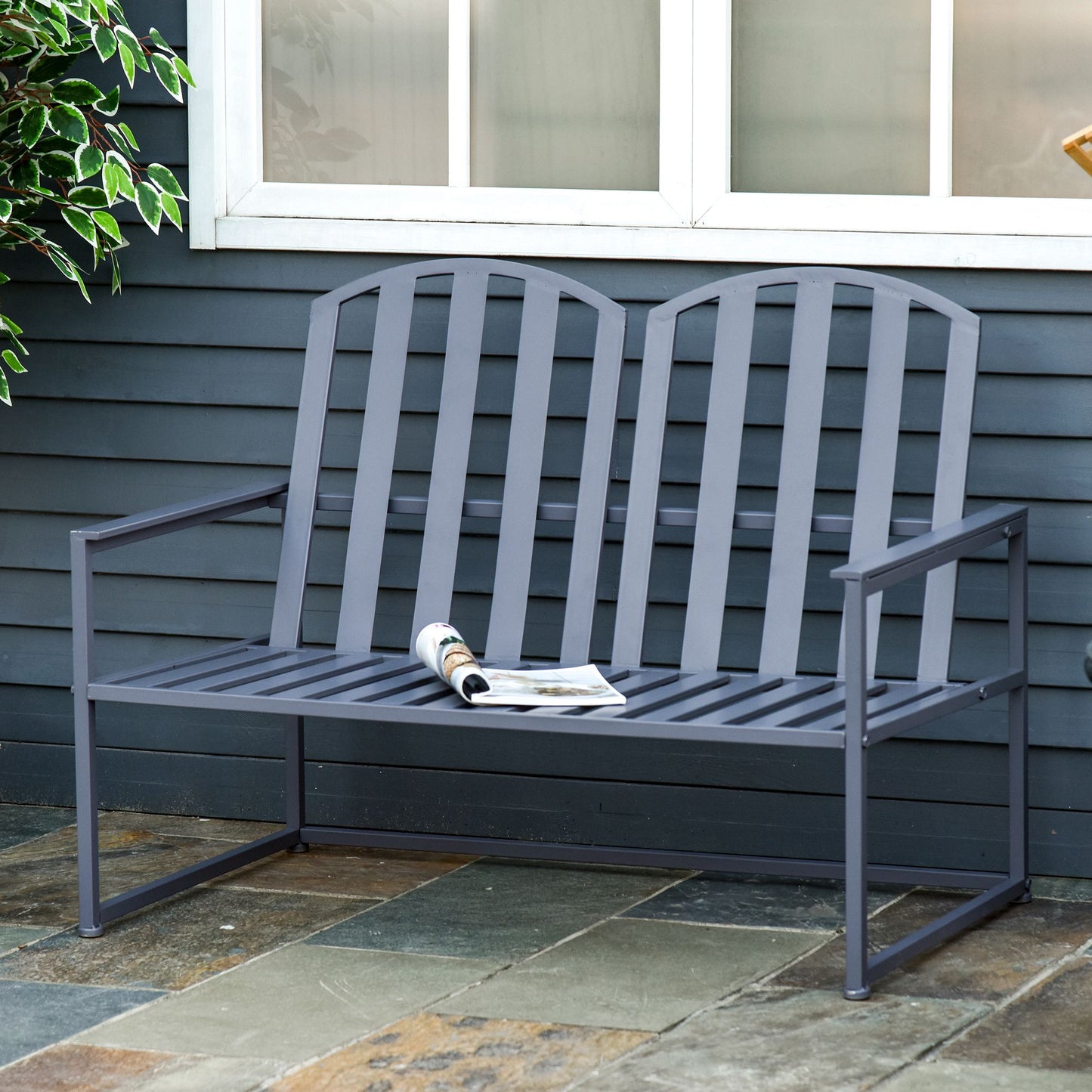 Outsunny Steel Patio Garden Bench Loveseats for Outdoors Park Yard Slatted Design Grey