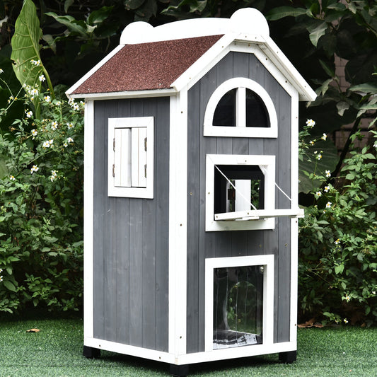 PawHut 59L x 55W x 109H cm Solid Wood Cat Condo Furniture 2-Floor Pet Shelter Grey & White