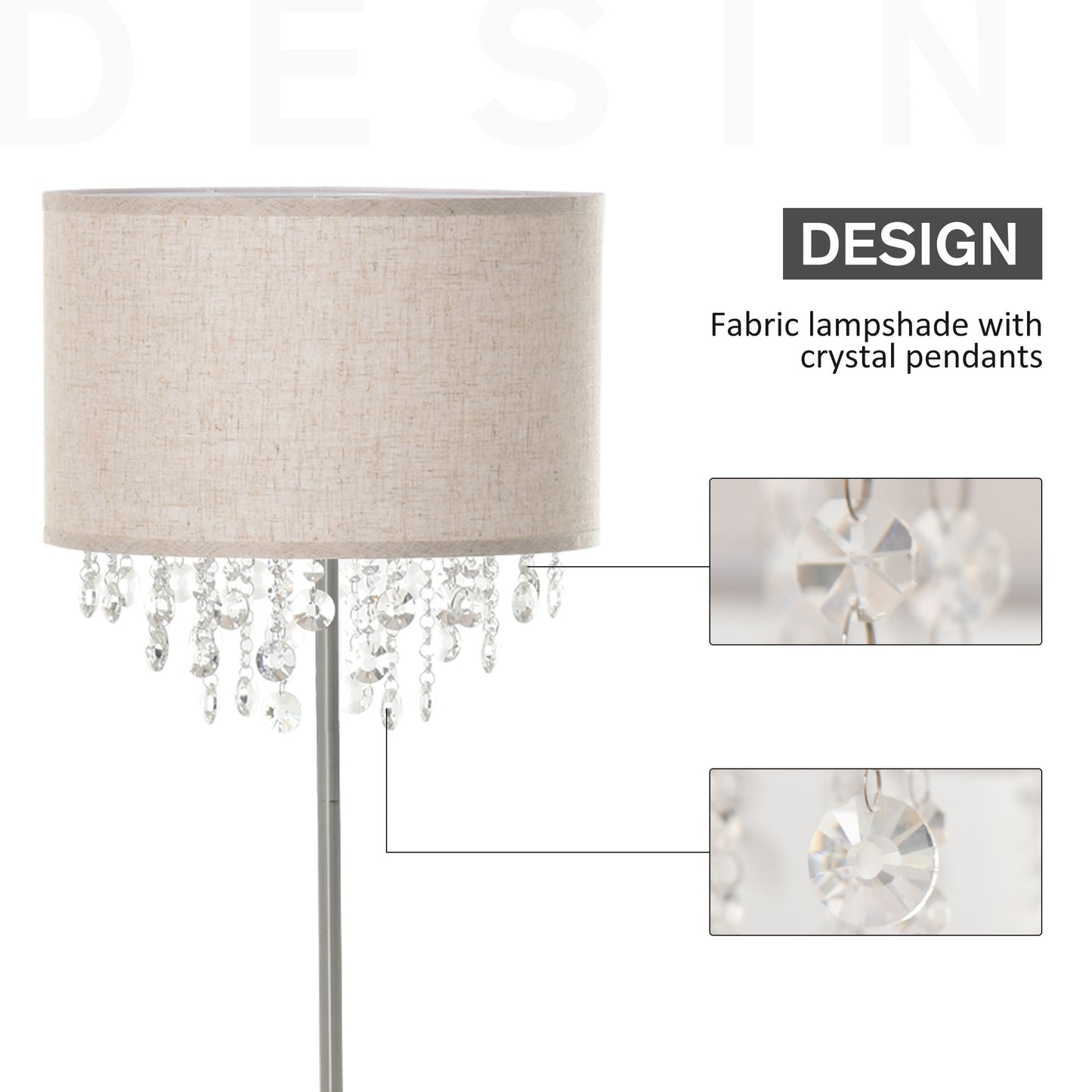 HOMCOM Modern Crystal Pendant Floor Lamp with Fabric Shade Metal Base for Home Office