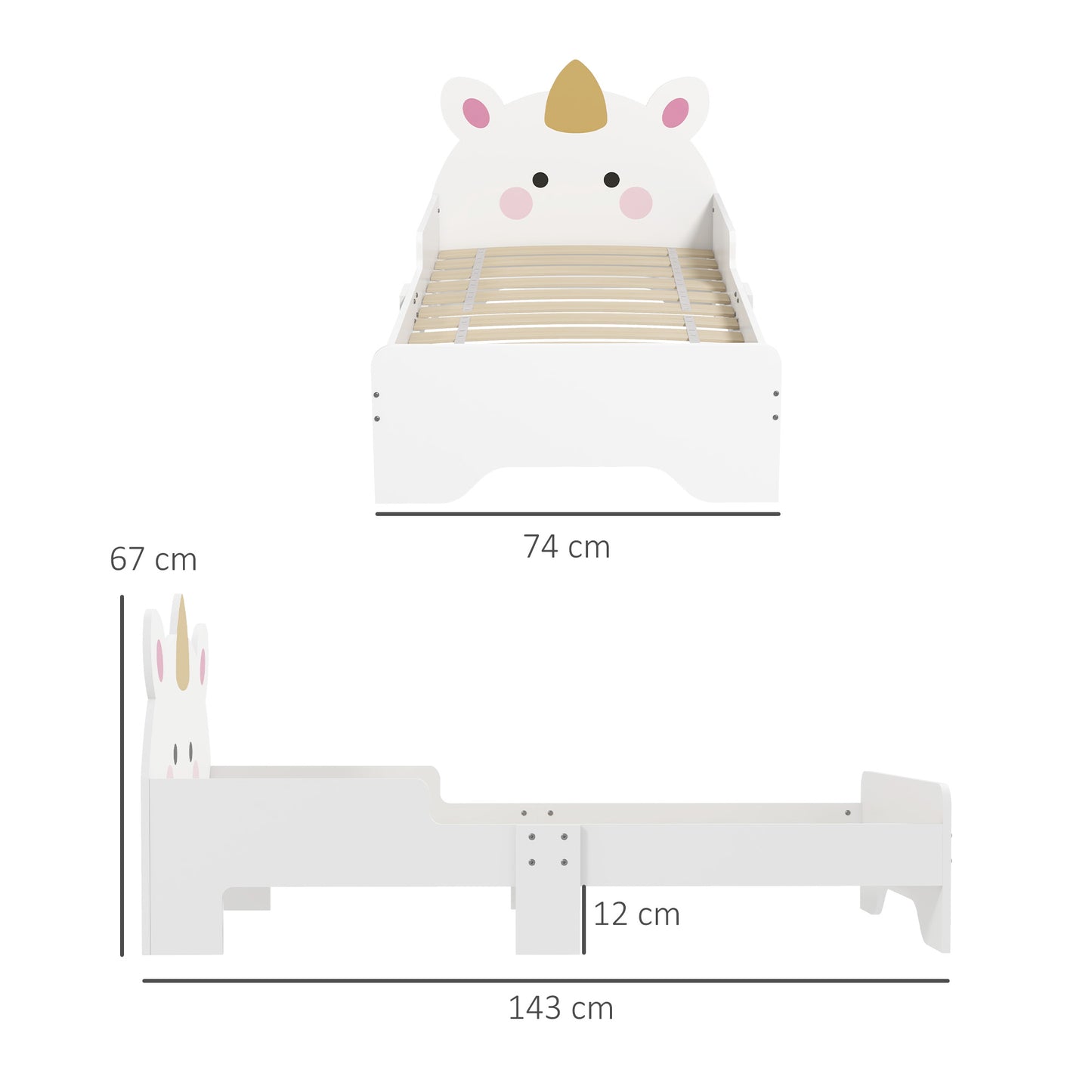 ZONEKIZ Toddler Bed Kids Bedroom Furniture Unicorn Design for 36 Years Old 143 x 74 x 67 cm White