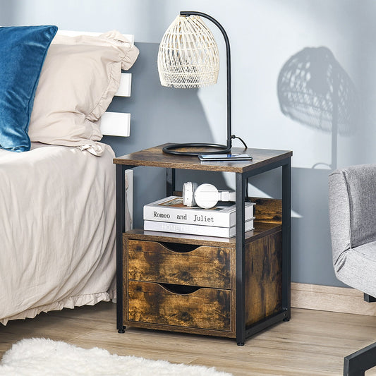 HOMCOM End Table Bedroom Side Stand Accent Table w/ Shelf & Drawer Rustic Brown