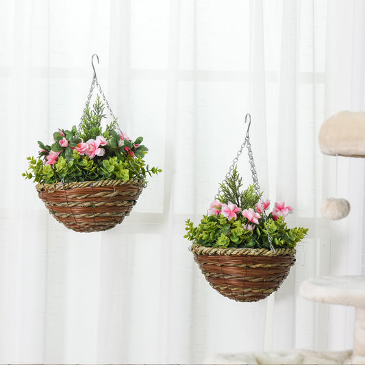 Outsunny Pack of 2 Artificial Lisianthus Flowers Hanging Planter with Basket for Indoor Outdoor Decoration