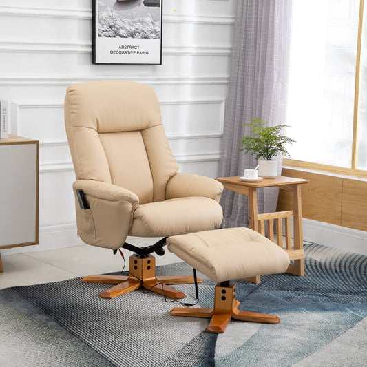 HOMCOM 10-Point Massage Sofa Armchair Chair W/ Ottoman Recliner PU Leather White