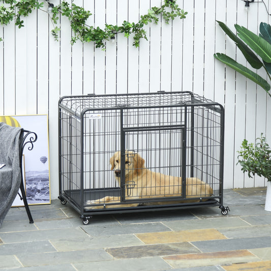 PawHut Dog Crates Foldable Indoor Dog Kennel & Dog Cage Pet Playpen w/ Tray Lockable Wheels Openable Top