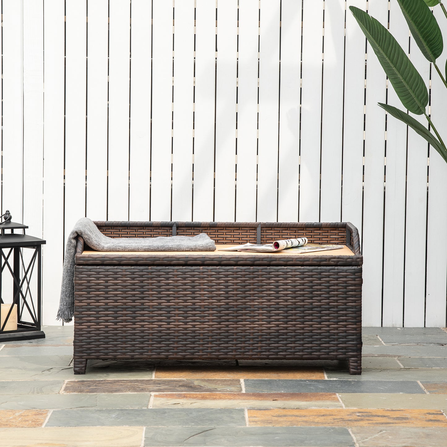 Outsunny PE Rattan Bench Patio Wicker Storage Basket Seat Furniture, 102Lx51Wx51H cm-Mixed Brown