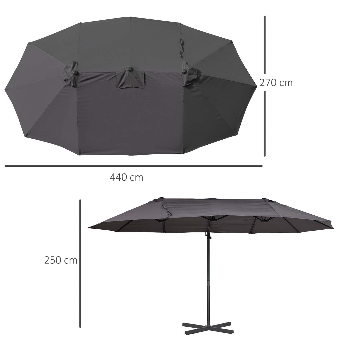 Outsunny Double Canopy Offset Parasol Umbrella Garden Shade w/ Steel Pole 12 Support Ribs Crank Handle Easy Lift Twin Canopy Grey