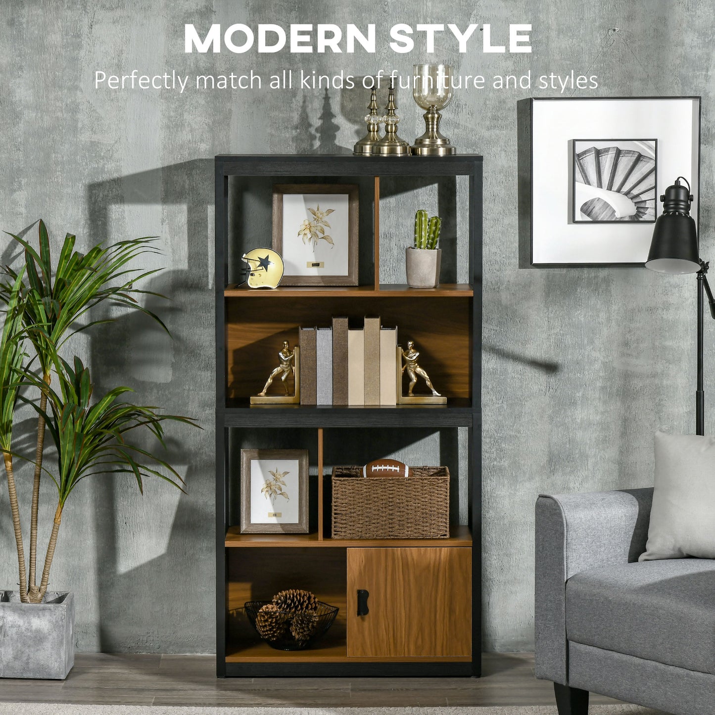 HOMCOM Modern 4-Tier Bookshelf with Storage Shelving and Closed Cabinet Walnut Brown