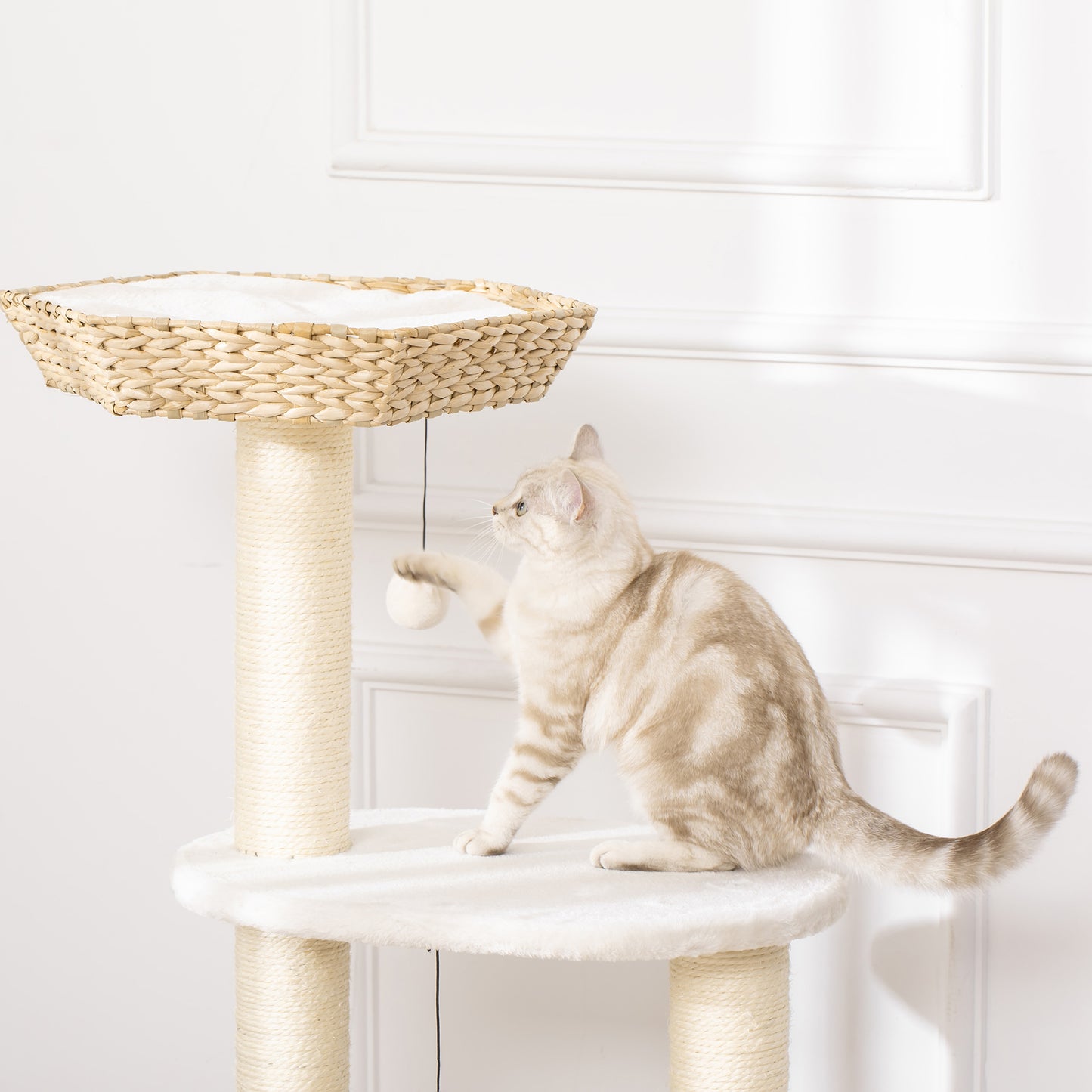 PawHut Cat Tree Tower Climbing Activity Center Kitten Furniture w/ Cattail Fluff Bed Condo Sisal Scratching Post Hanging Ball 50 x 50 x 119cm Natural