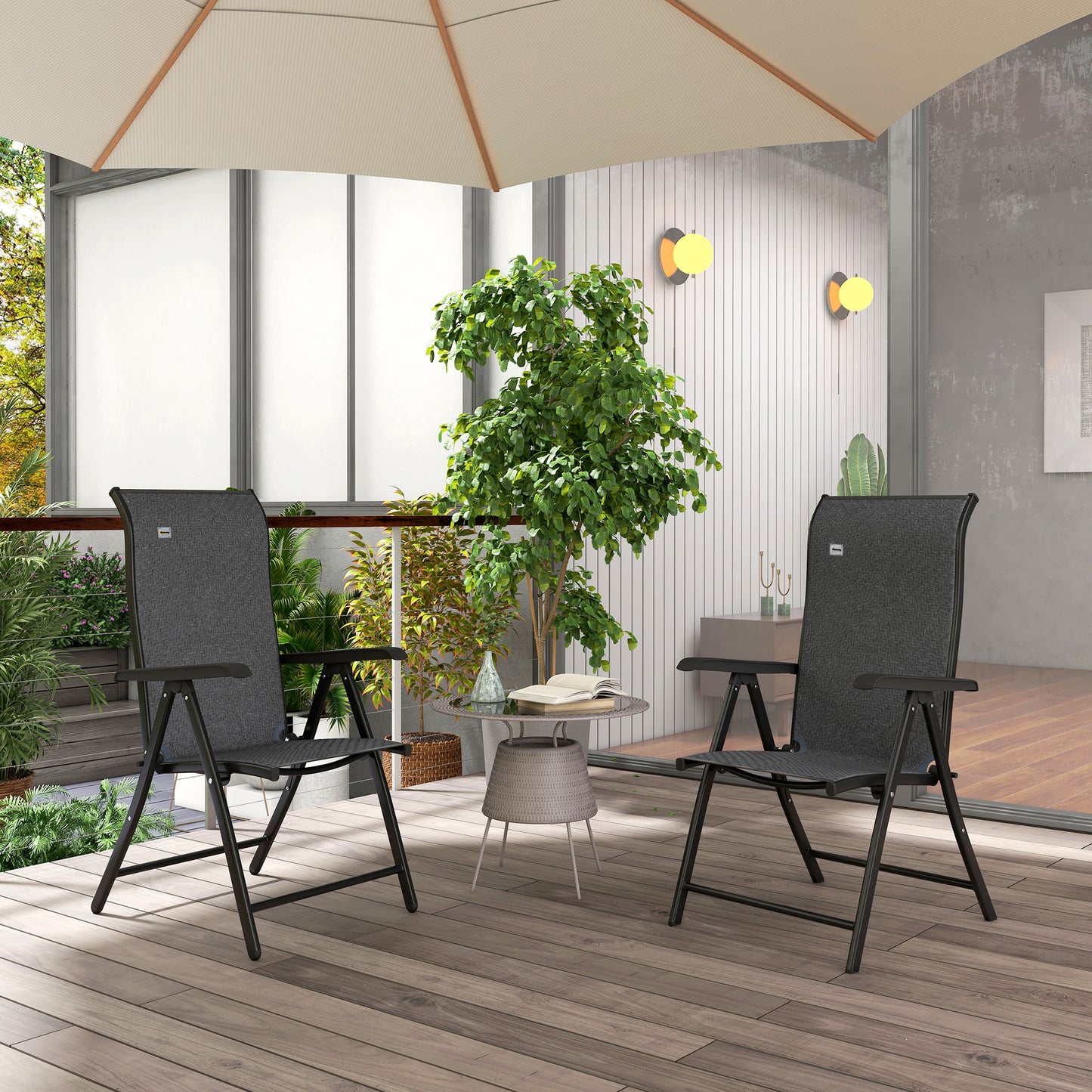 Outsunny Set of 2 Outdoor Wicker Folding Chairs, Patio PE Rattan Dining Armrests Chair set with 7 Levels Adjustable Backrest, for Outdoors, Camping, Grey