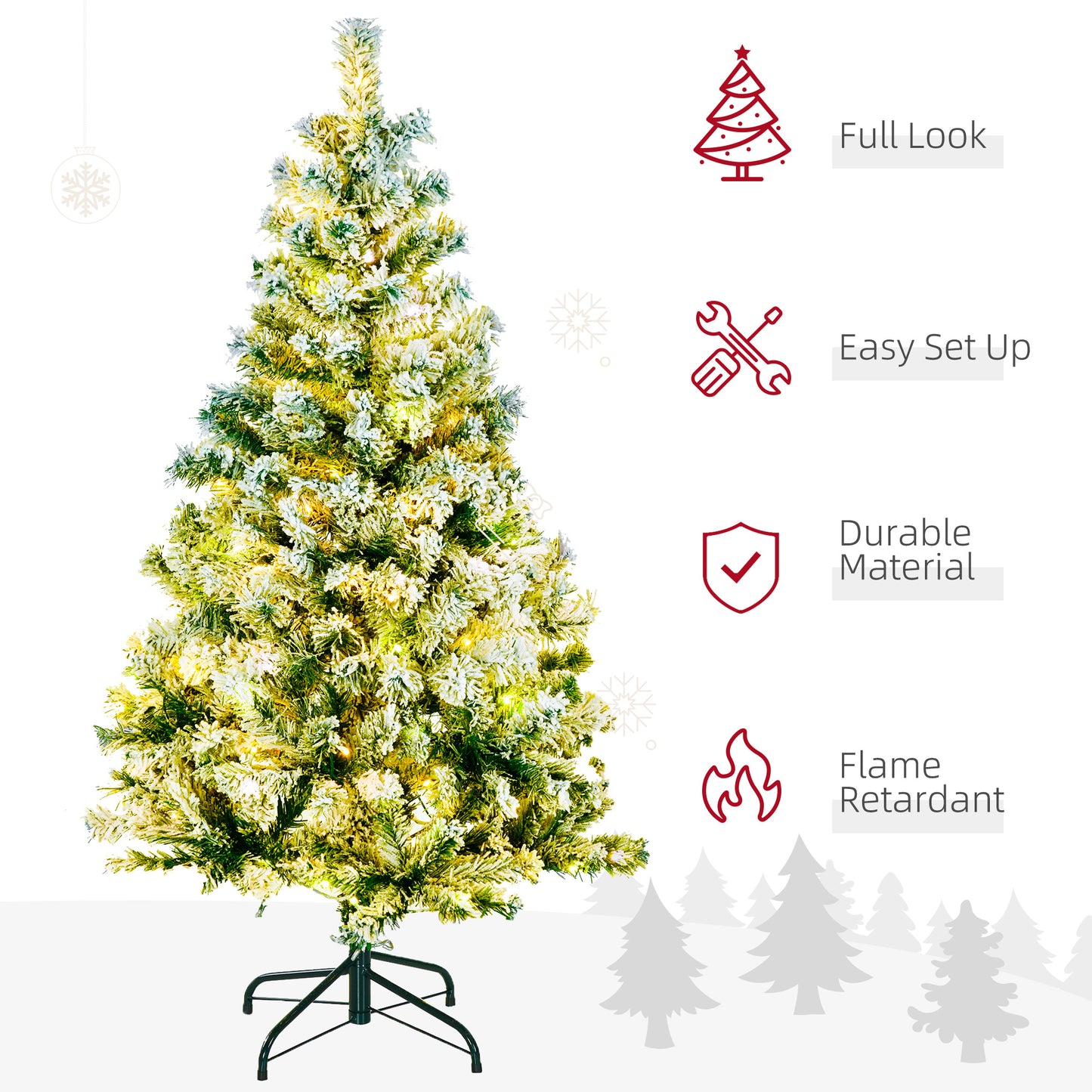 HOMCOM 4.5' Artificial Snow Christmas Trees with Frosted Branches, Warm White or Colourful LED Lights, Steel Base