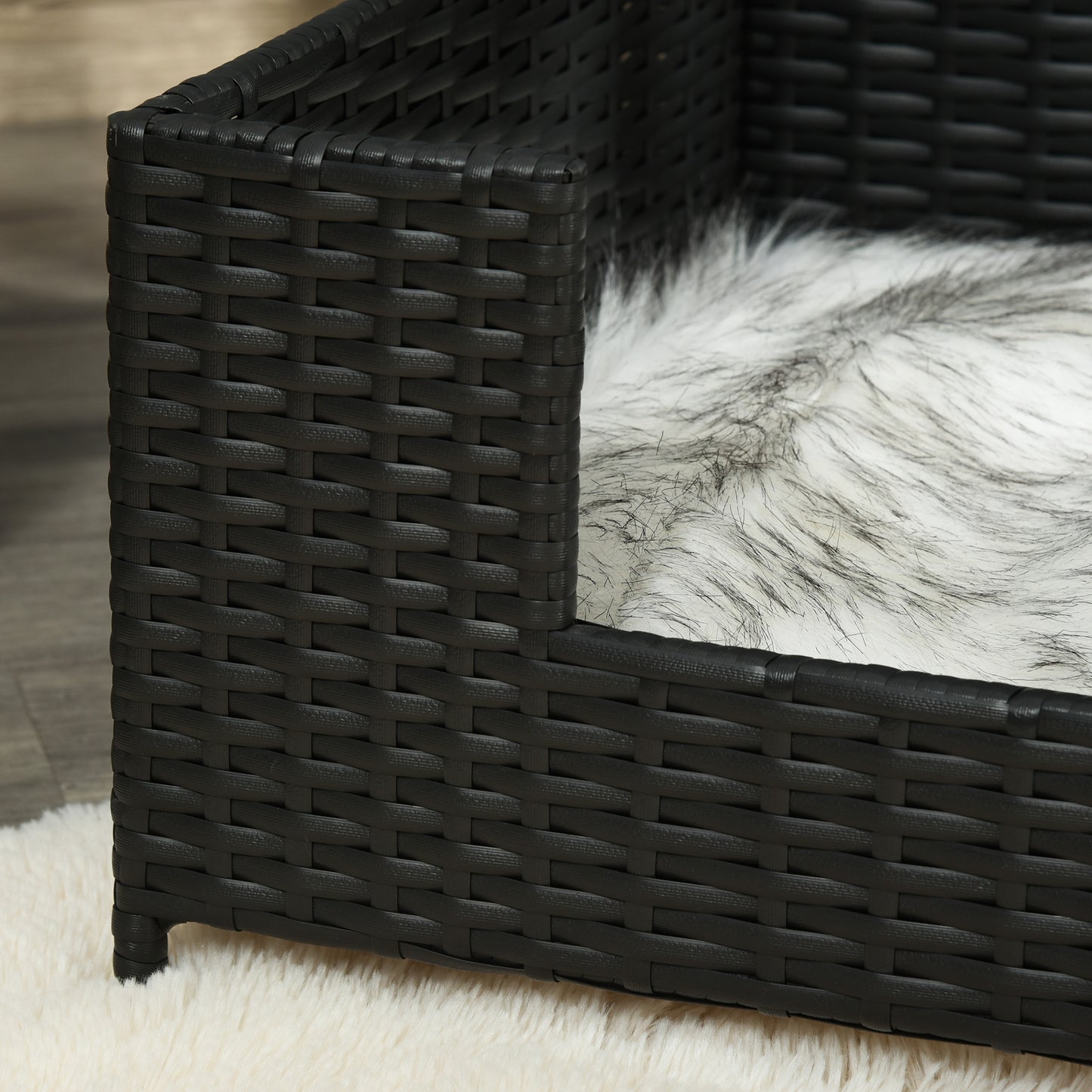 PawHut Rattan Dog Cat Bed Four Feet Pet House Hand-knitted Metal Small Animal Sofa Rattan with Soft Machine Washable Cushion Indoor Black 61L x 46W x 27H cm Use