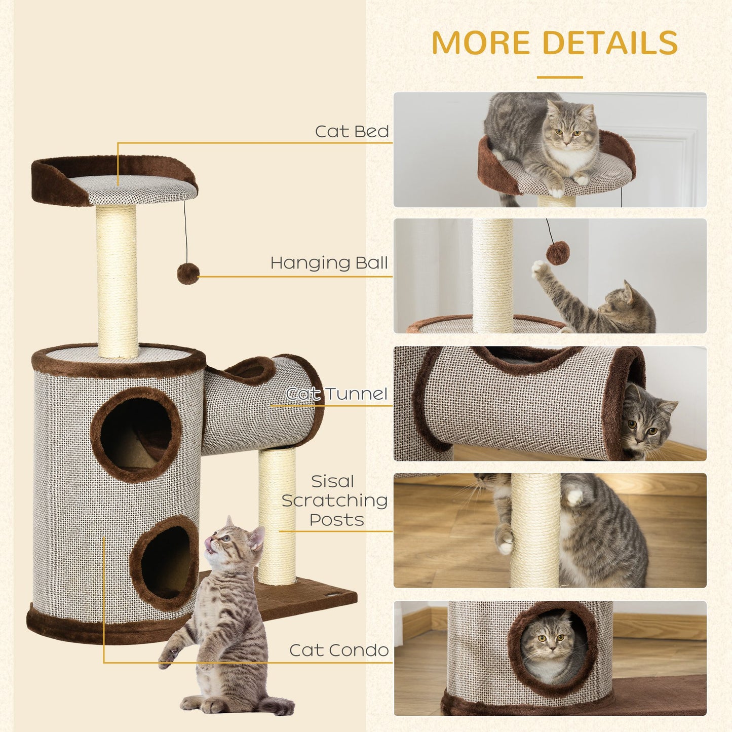 PawHut Cat Tree Tower Climbing Activity Center Kitten Furniture with Cat Condo Bed Sisal Scratching Post Hanging Ball 75 x 39 x 104cm Brown