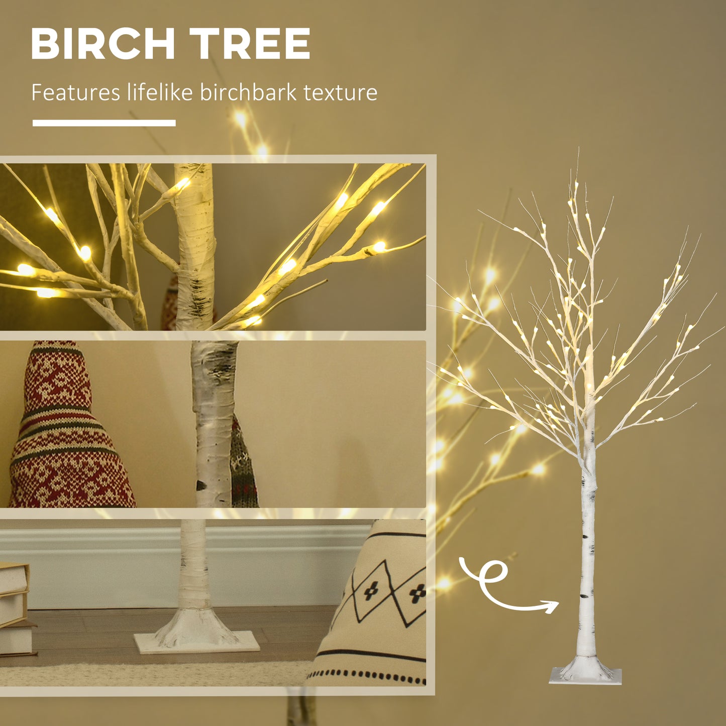 HOMCOM 4ft Artificial White Birch Tree Light with 72 Warm White Pre-Lit LED Light