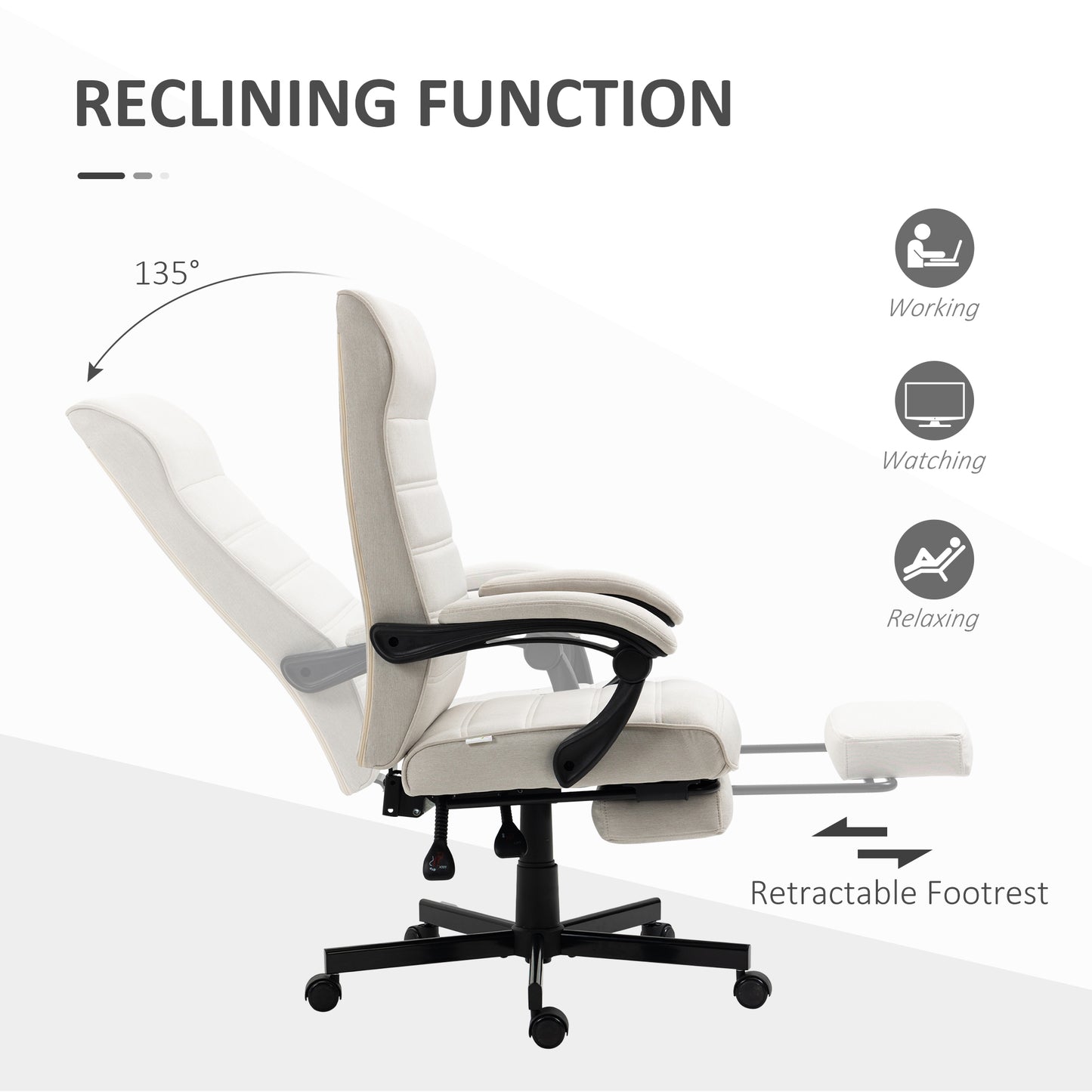 Vinsetto High-Back Home Office Chair, Linen Swivel Reclining Chair with Adjustable Height, Cream White