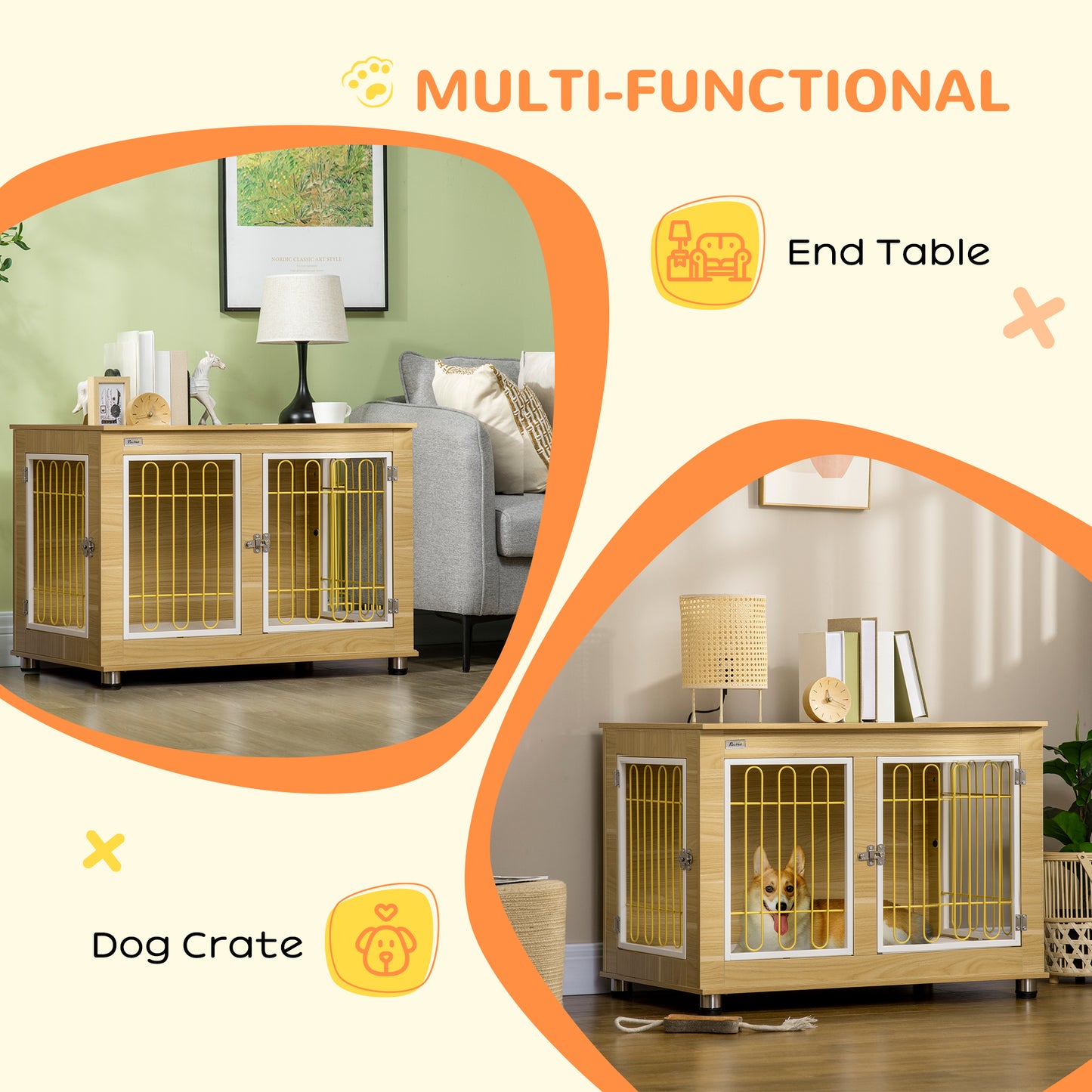 PawHut Dog Crate Furniture, Dog Cage End Table. with Soft Cushion, Double Door - Oak Tone