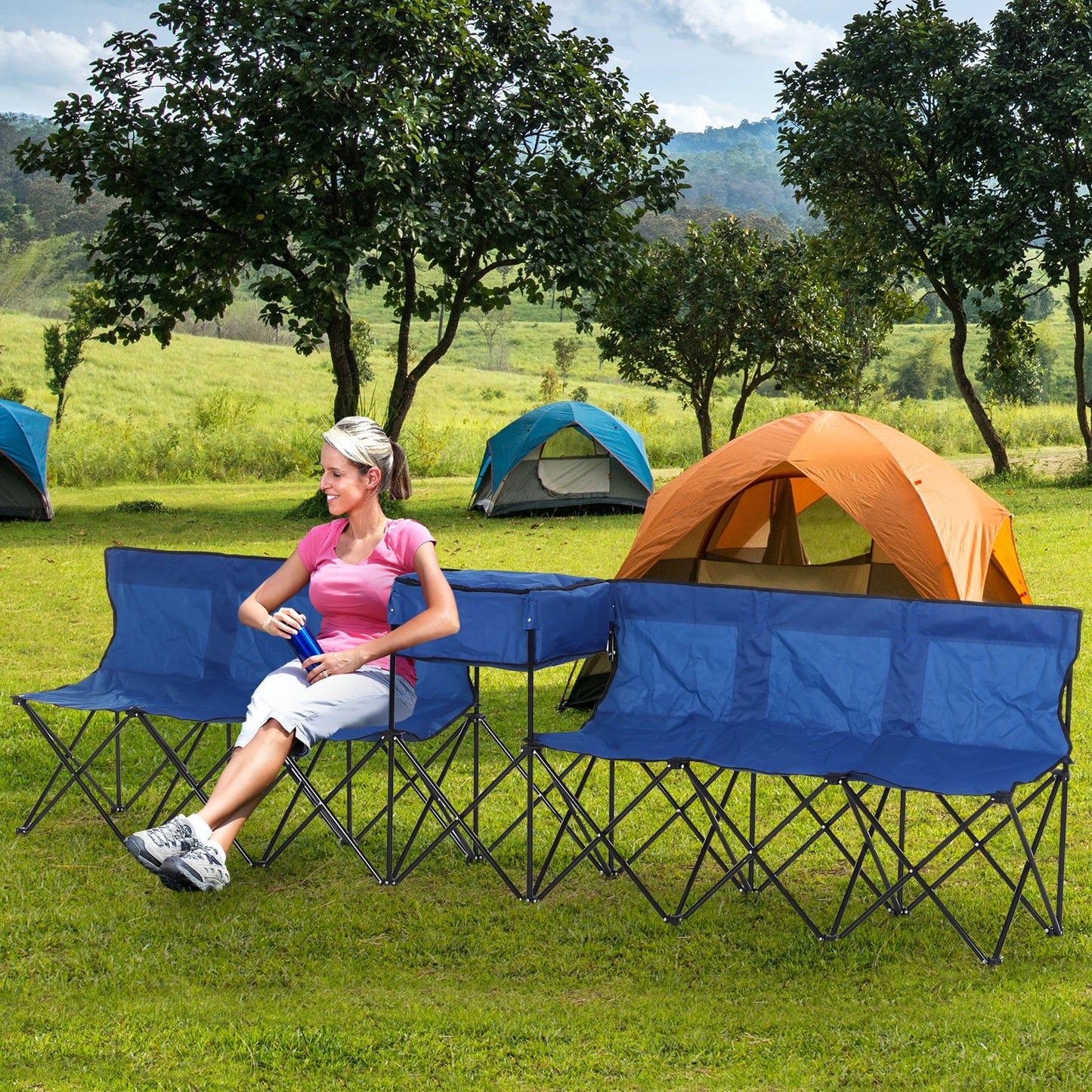 Outsunny 6-Seater Folding Steel Camping Bench w/ Cooler Bag Blue