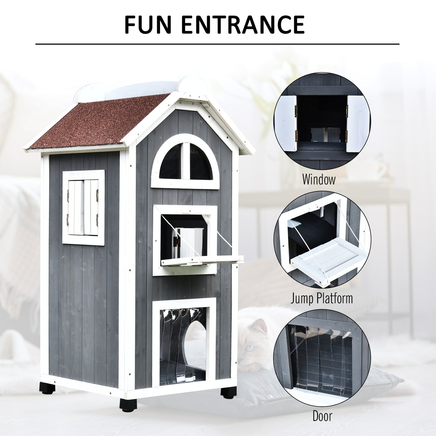 PawHut 59L x 55W x 109H cm Solid Wood Cat Condo Furniture 2-Floor Pet Shelter Grey & White