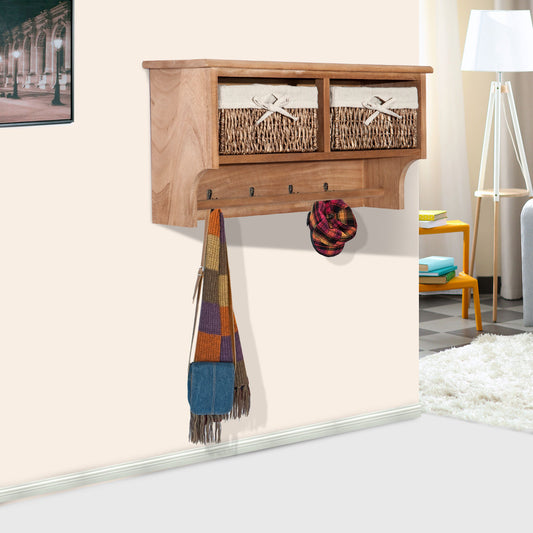 HOMCOM Entryway Coat Rack Wall Mounted Shelf w/ 2 Corn Husk Baskets and Hooks, Brown