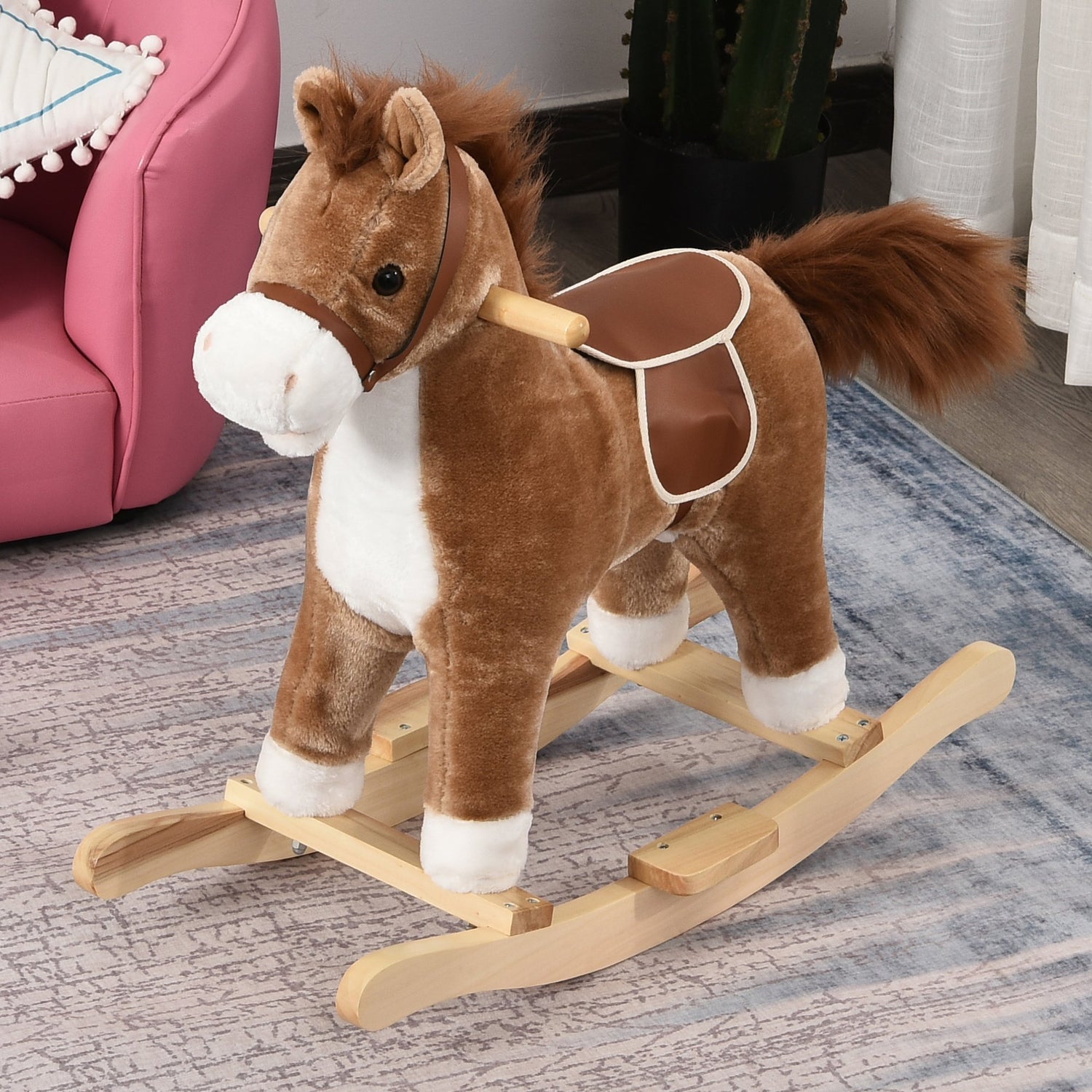 HOMCOM Kids Ride On Plush Rocking Horse w/ Sound Brown –