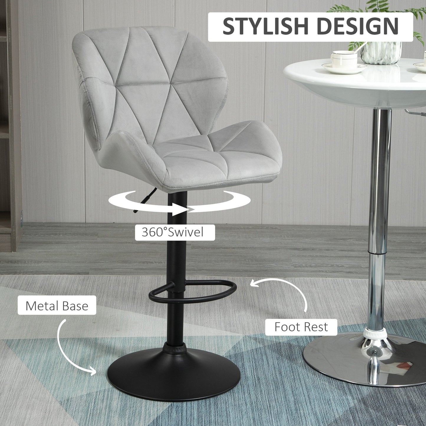 HOMCOM Bar Stool Set of 2 Fabric Adjustable Height Armless Counter Chairs Light Grey