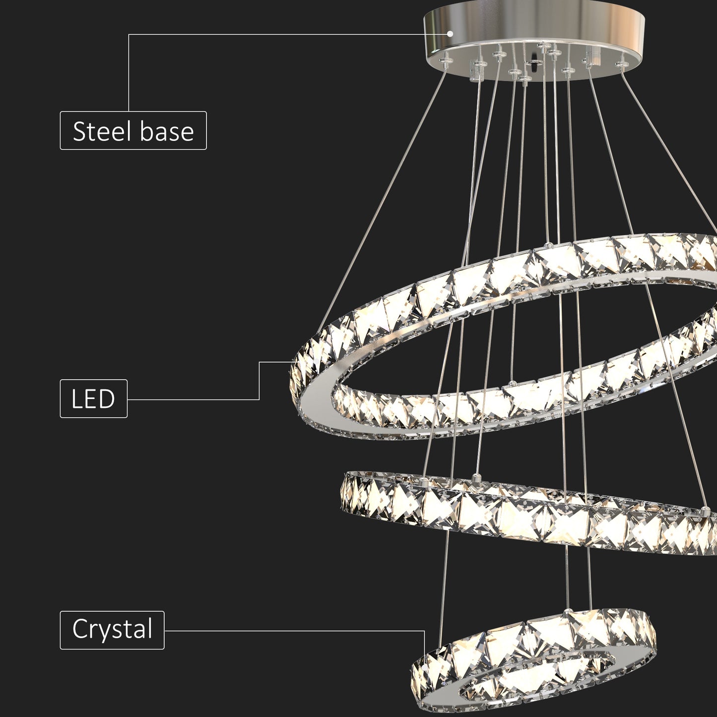 HOMCOM LED Chandelier 3 Crystal Rings Cool Warm White Lighting Home Style Silver