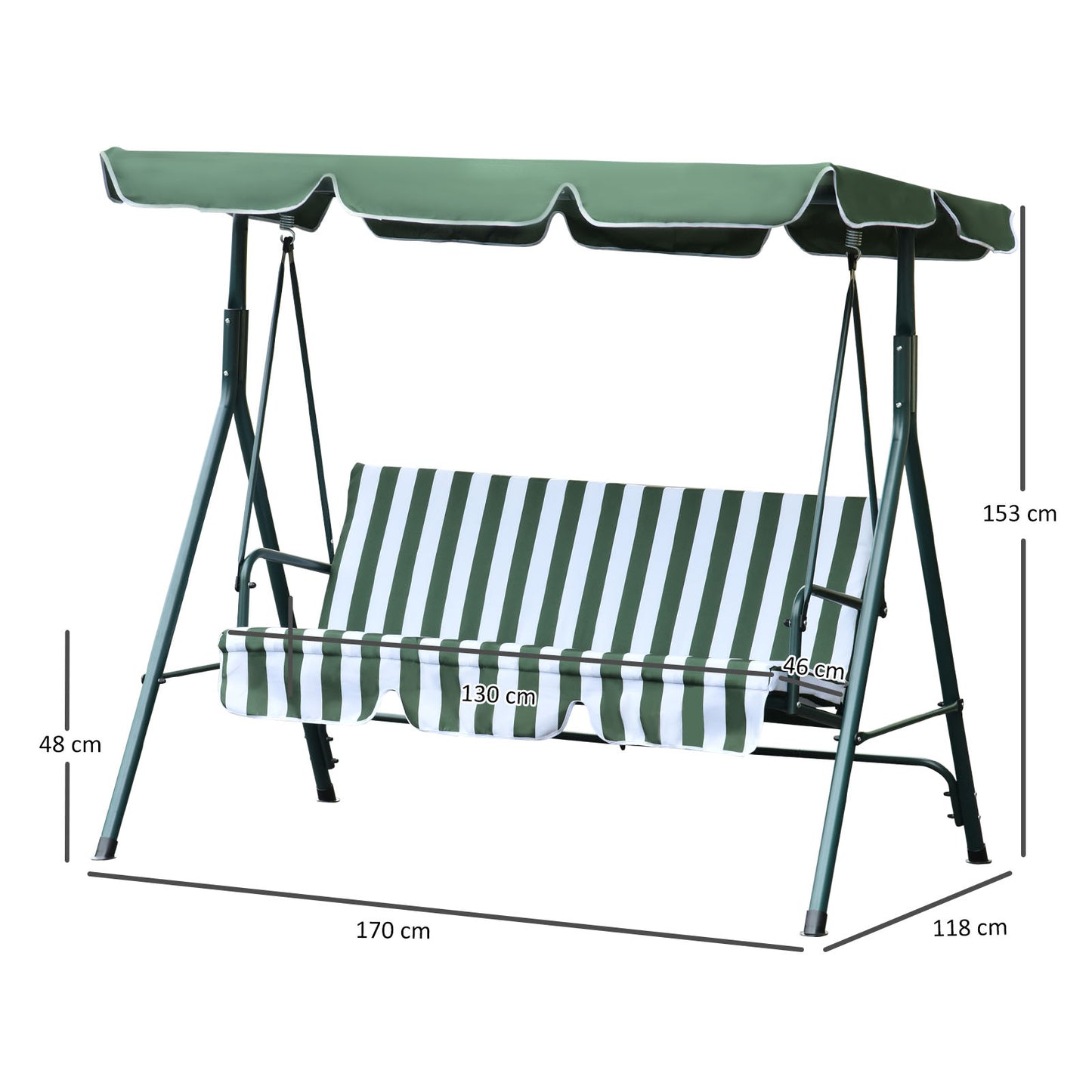 Outsunny Steel 3-Seater Swing Chair w/ Adjustable Canopy Green